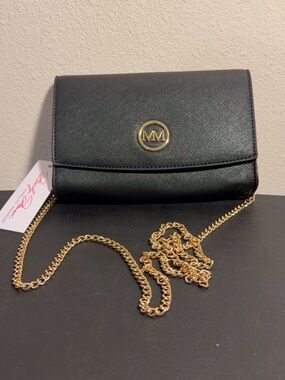 Marilyn Monroe Black Clutch Bag with Gold Chain and Logo Accent